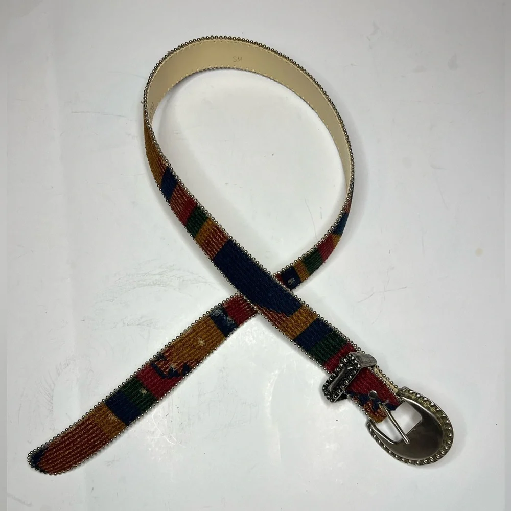 vintage Guatemalan handmade woven textile belt with a studded buckle
